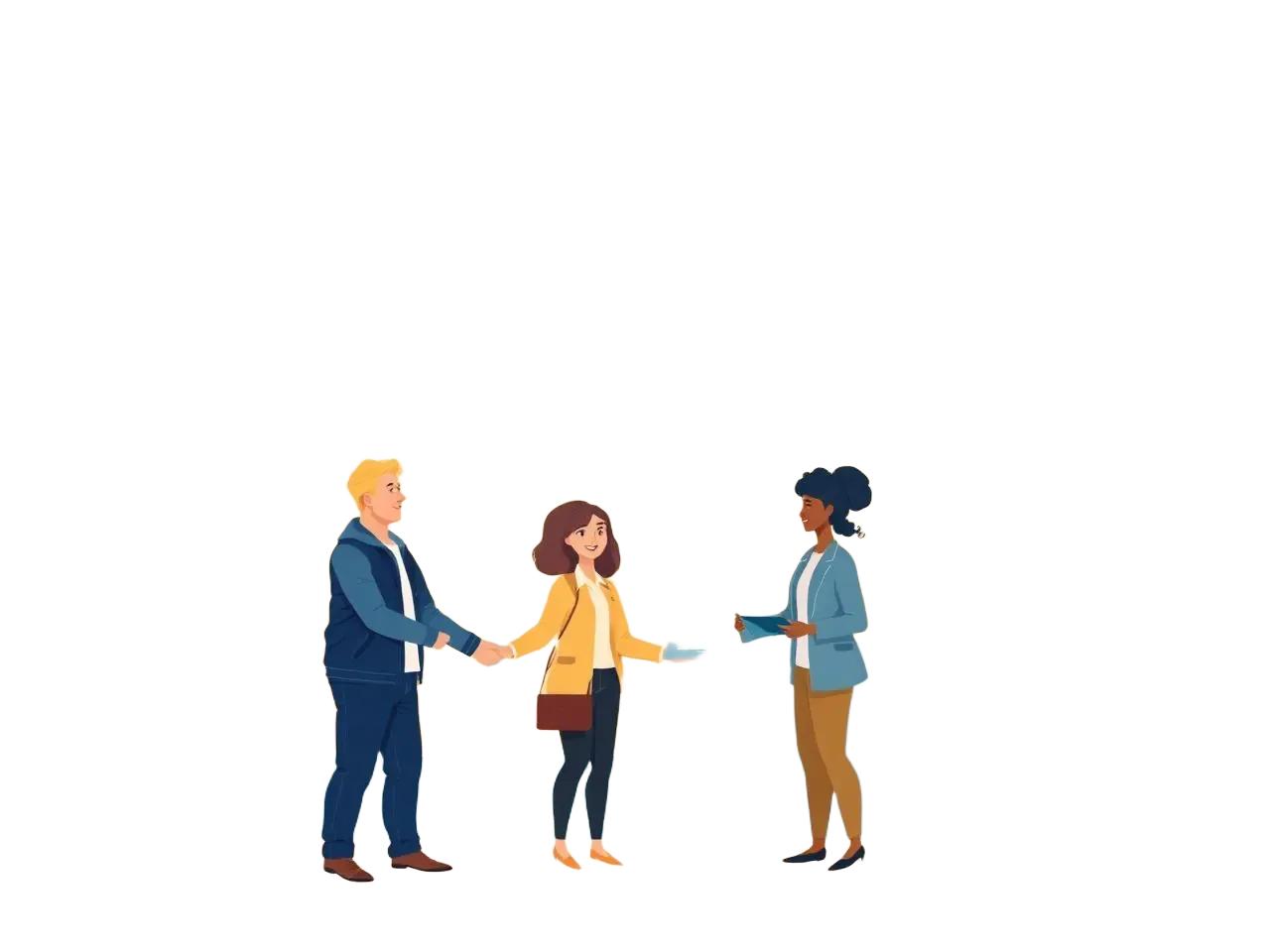 A friendly loan officer welcoming two small business owners outside a local storefront