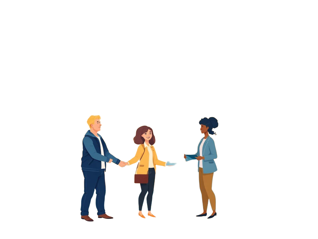 A friendly loan officer welcoming two small business owners outside a local storefront