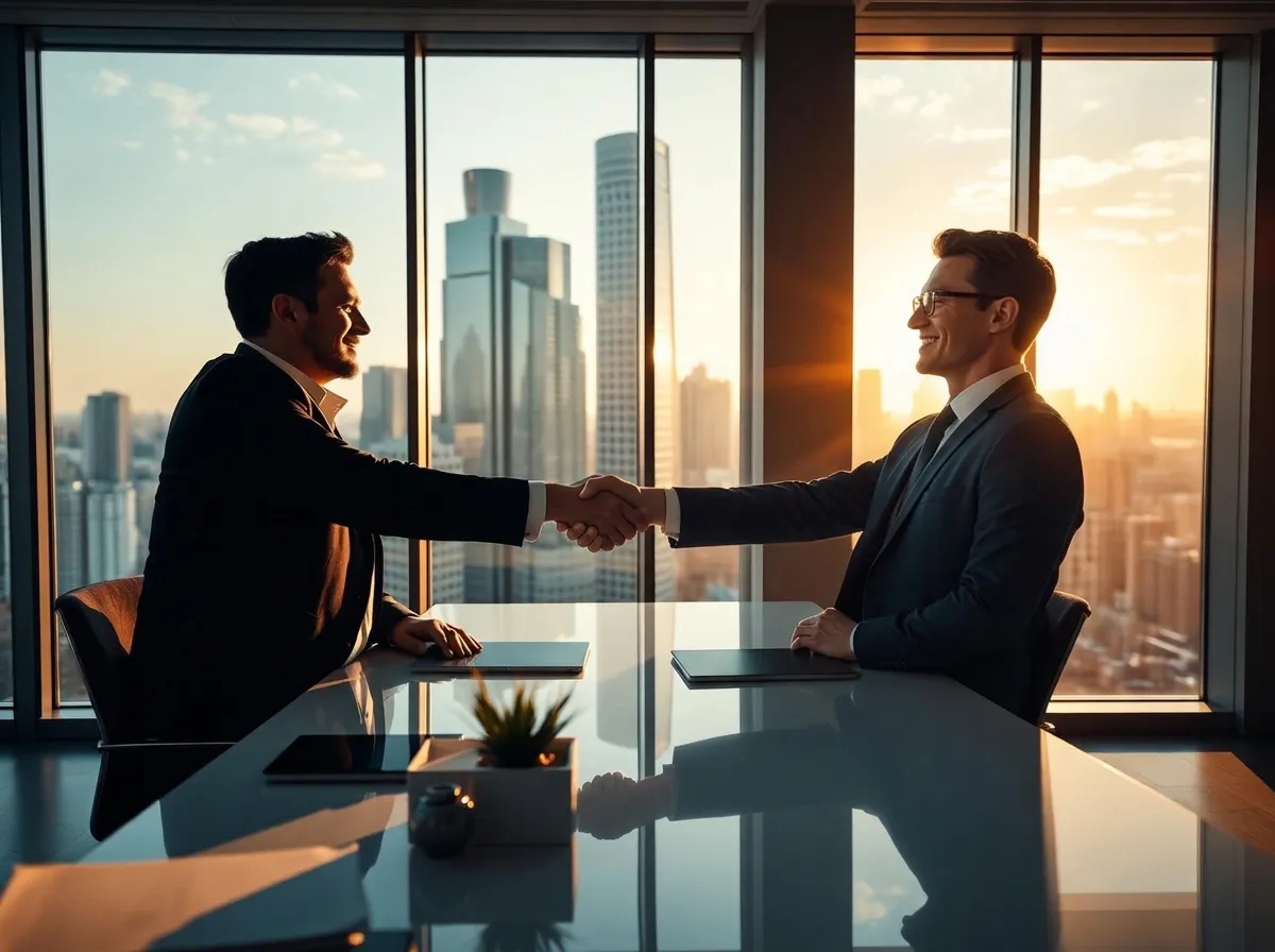 A business owner and loan advisor shaking hands in a downtown high-rise office overlooking the city skyline