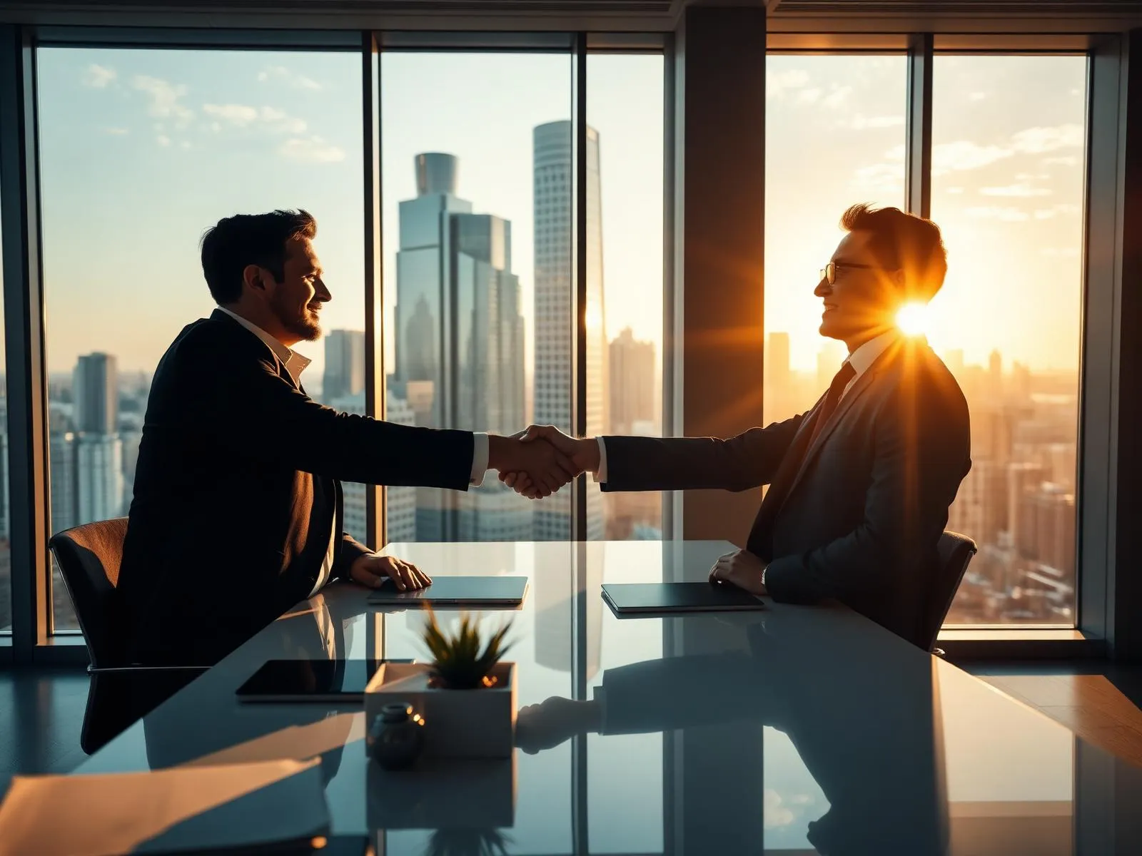 A business owner and loan advisor shaking hands in a downtown high-rise office overlooking the city skyline
