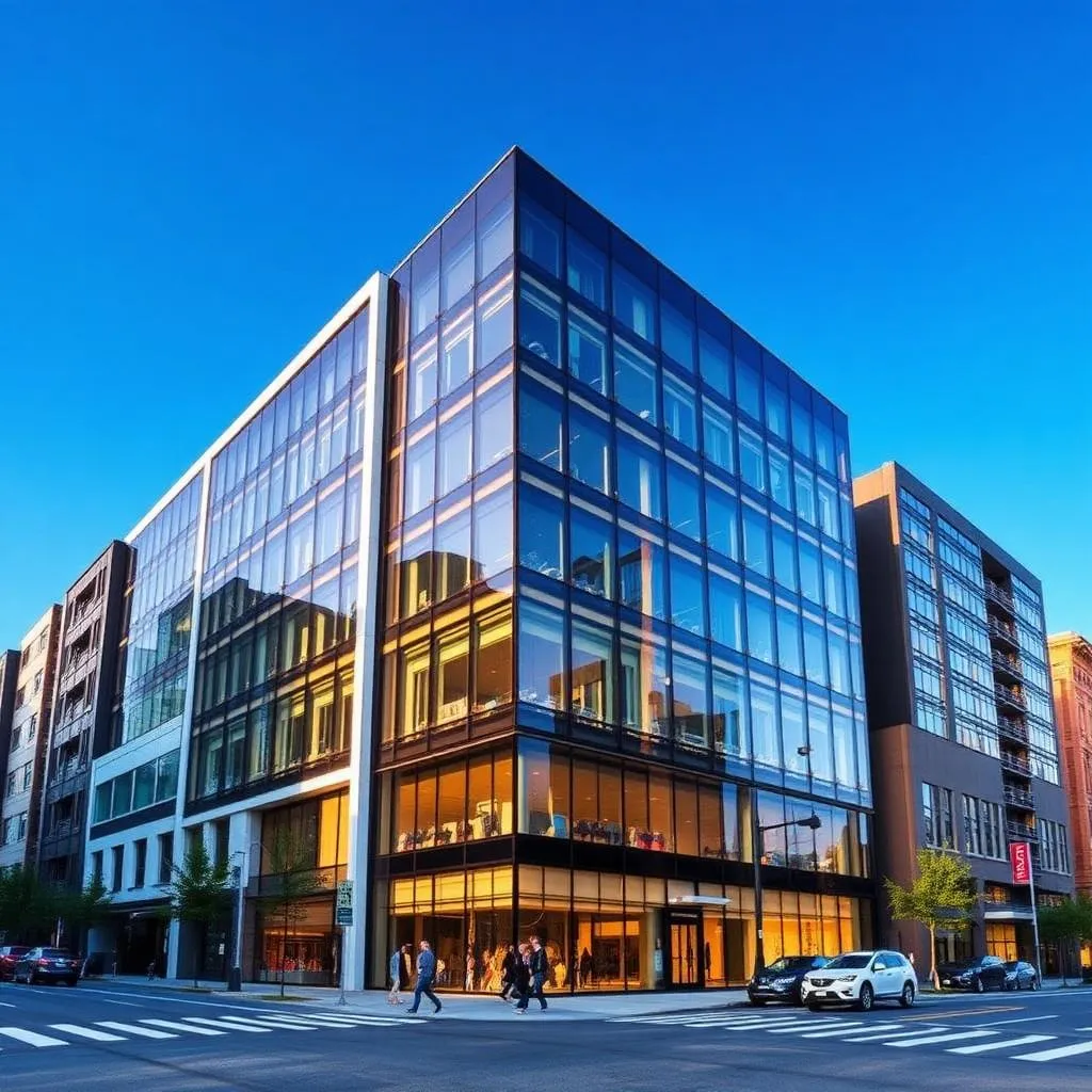 Glass-front mixed-use commercial building on a city corner with ground-floor retail, financed with a commercial real estate loan
