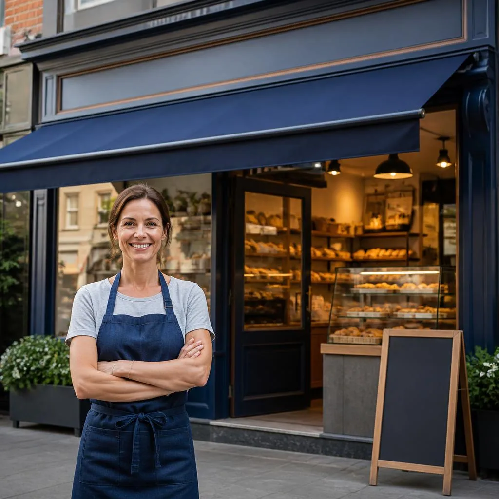 Smiling café owner standing outside her main street storefront after funding working capital through her local business loan store